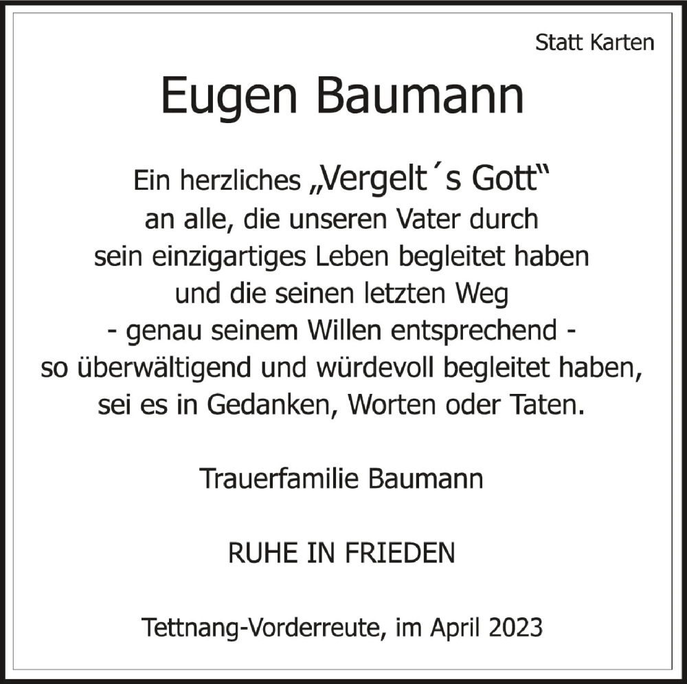  Traueranzeige für Eugen Baumann vom 29.04.2023 aus Schwäbische Zeitung