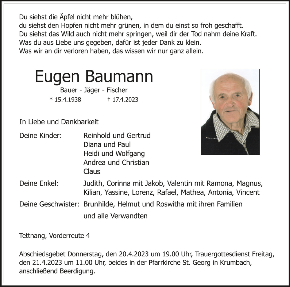  Traueranzeige für Eugen Baumann vom 19.04.2023 aus Schwäbische Zeitung