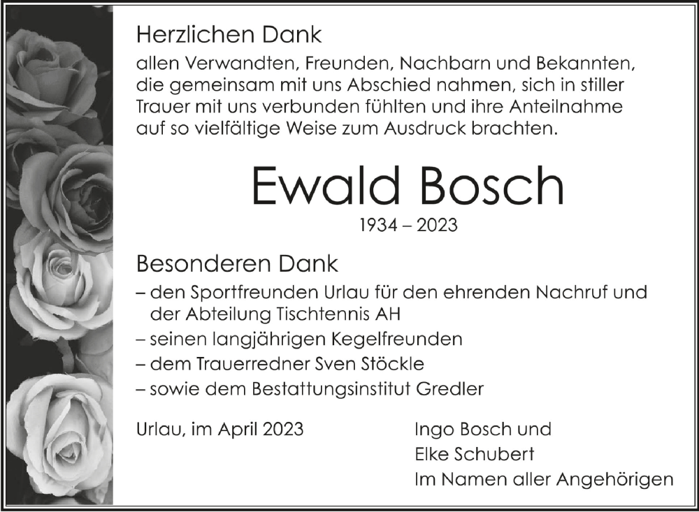  Traueranzeige für Ewald Bosch vom 08.04.2023 aus Schwäbische Zeitung