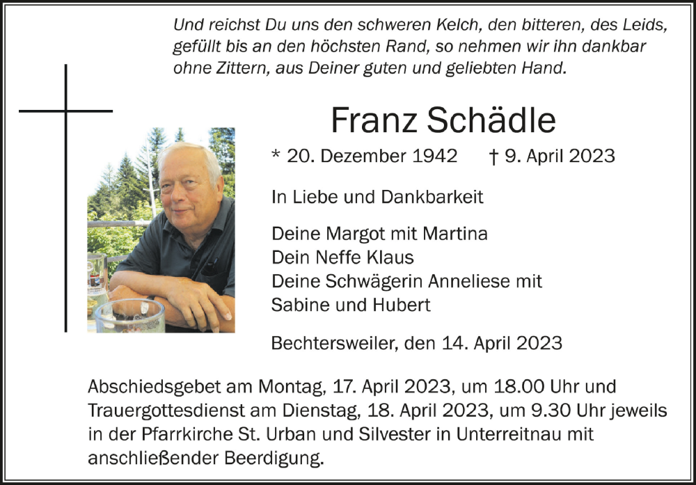  Traueranzeige für Franz Schädle vom 14.04.2023 aus Schwäbische Zeitung