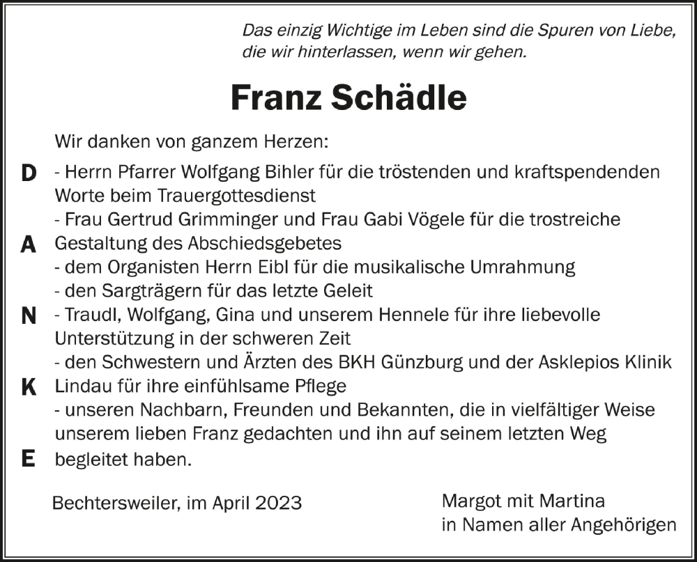  Traueranzeige für Franz Schädle vom 22.04.2023 aus Schwäbische Zeitung