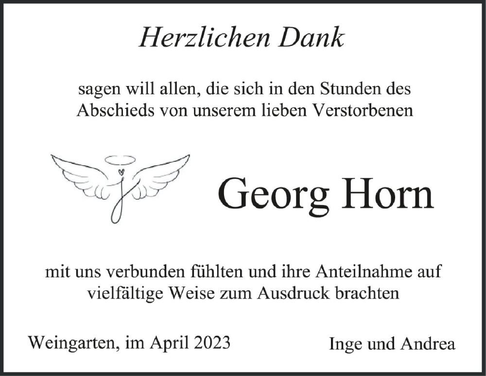  Traueranzeige für Georg Horn vom 15.04.2023 aus Schwäbische Zeitung