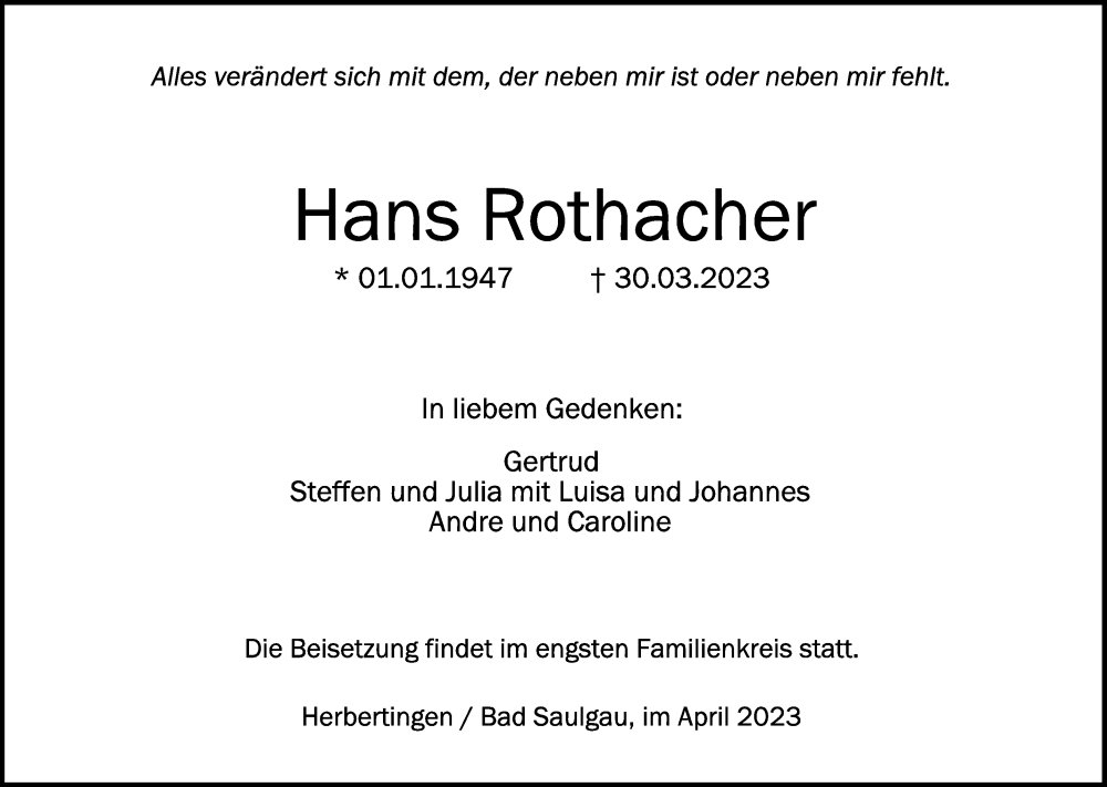  Traueranzeige für Hans Rothacher vom 08.04.2023 aus Schwäbische Zeitung