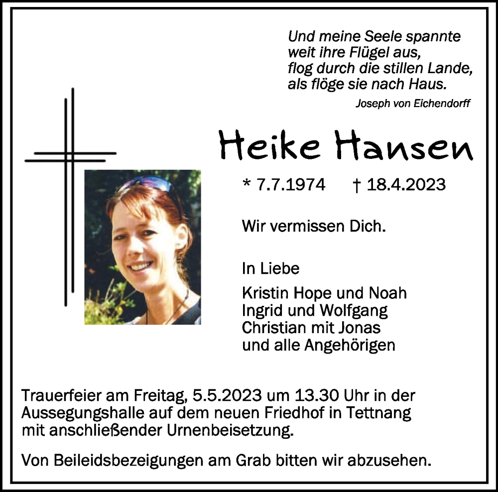  Traueranzeige für Heike Hansen vom 29.04.2023 aus Schwäbische Zeitung