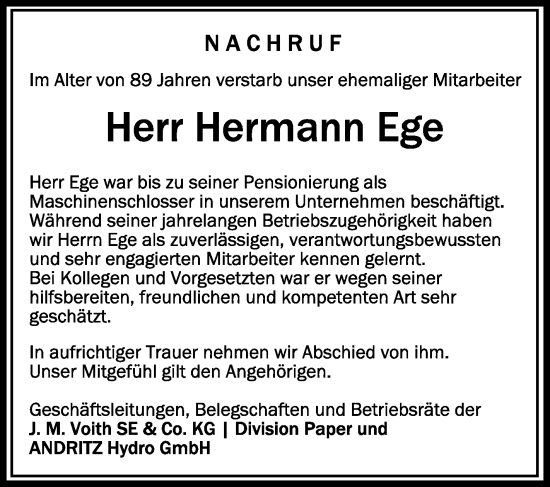 Anzeige von Hermann Ege von Schwäbische Zeitung