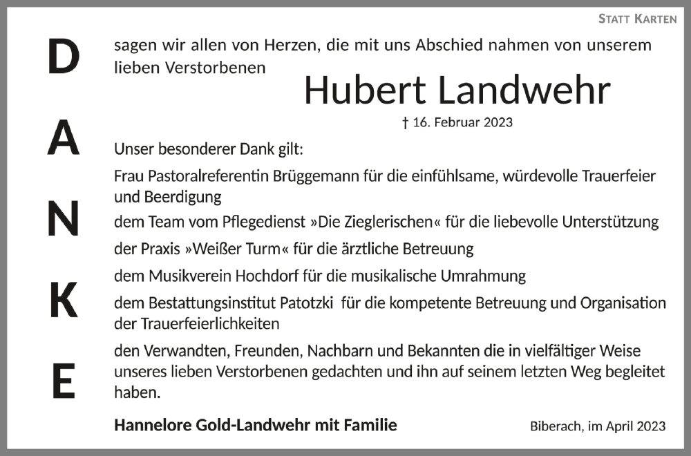  Traueranzeige für Hubert Landwehr vom 15.04.2023 aus Schwäbische Zeitung