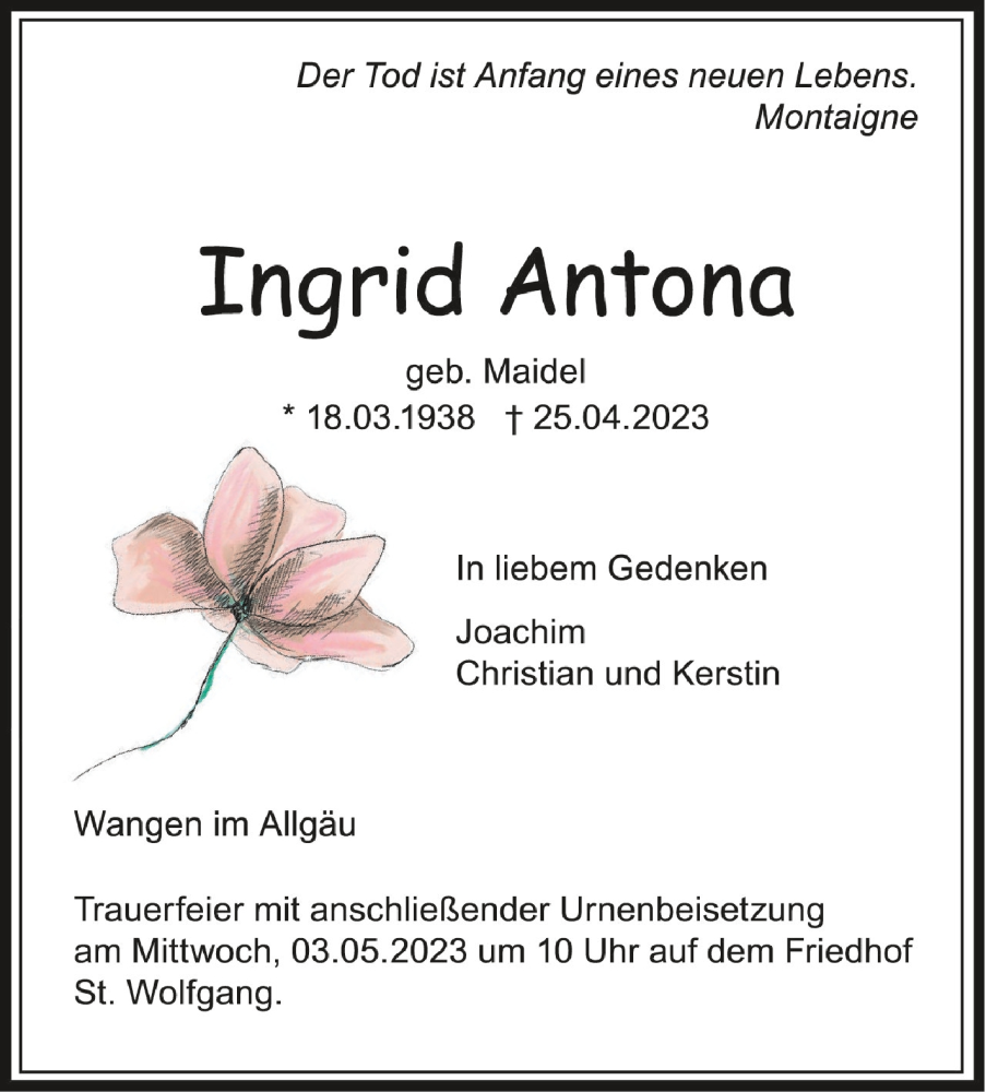  Traueranzeige für Ingrid Antona vom 29.04.2023 aus Schwäbische Zeitung