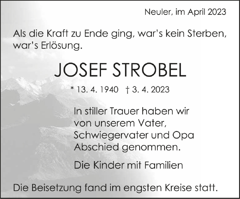  Traueranzeige für Josef Strobel vom 08.04.2023 aus Schwäbische Zeitung