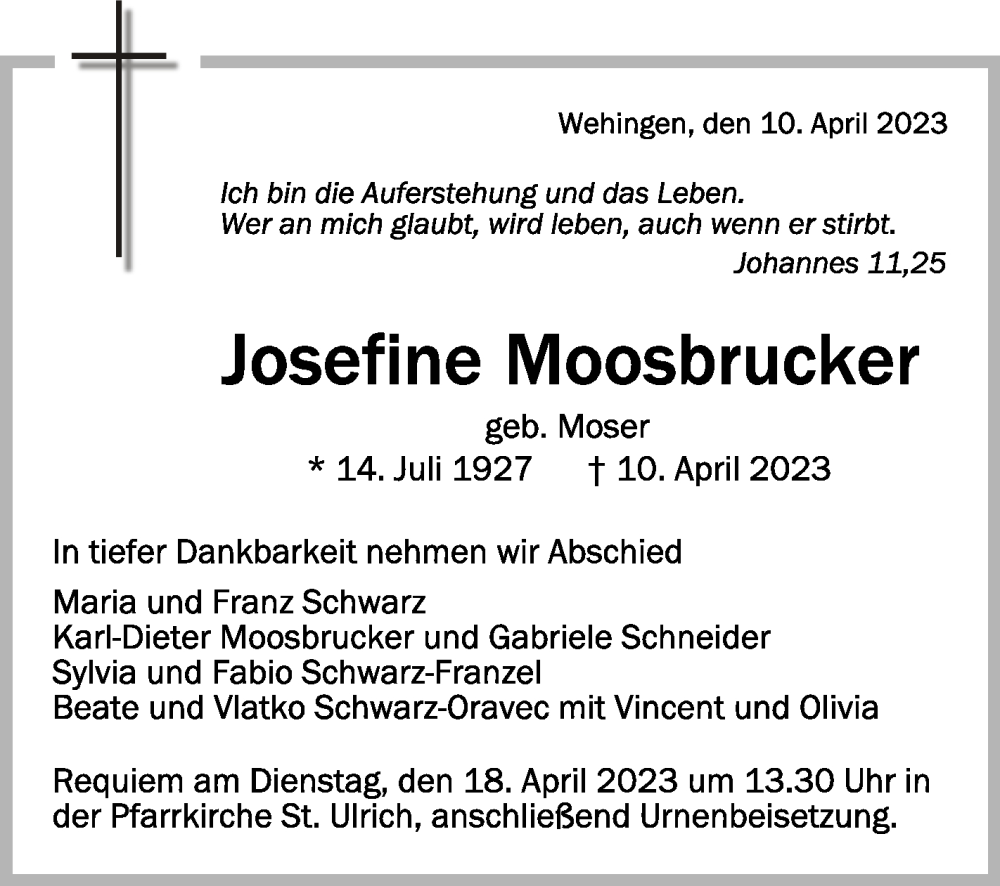  Traueranzeige für Josefine Moosbrucker vom 13.04.2023 aus Schwäbische Zeitung