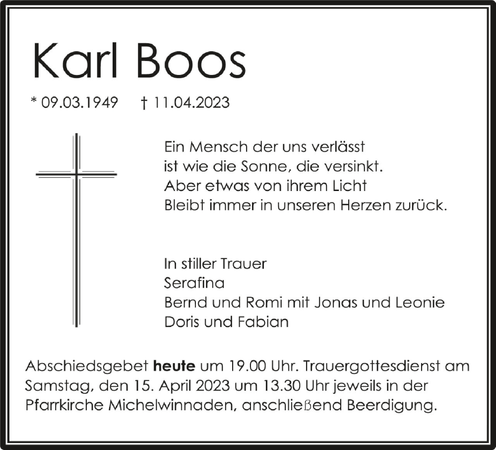  Traueranzeige für Karl Boos vom 14.04.2023 aus Schwäbische Zeitung