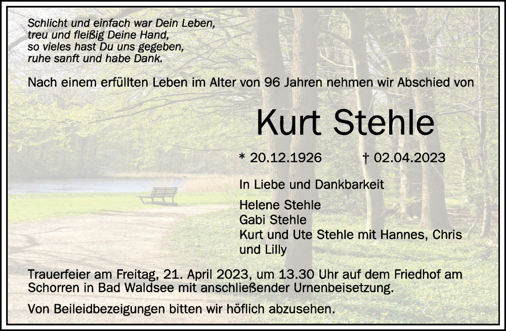  Traueranzeige für Kurt Stehle vom 15.04.2023 aus Schwäbische Zeitung