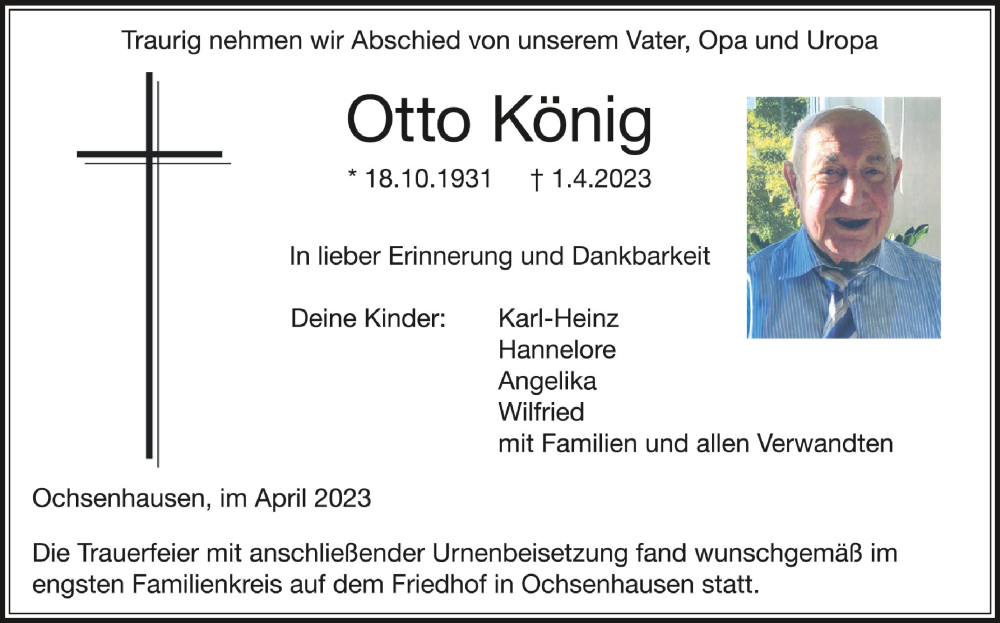  Traueranzeige für Otto König vom 08.04.2023 aus Schwäbische Zeitung