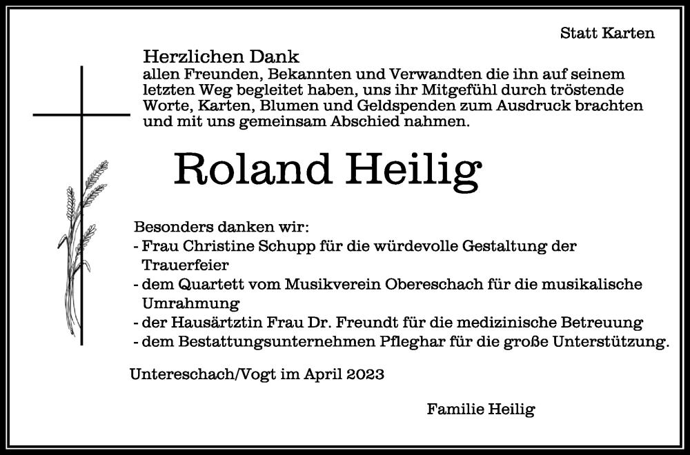  Traueranzeige für Roland Heilig vom 08.04.2023 aus Schwäbische Zeitung