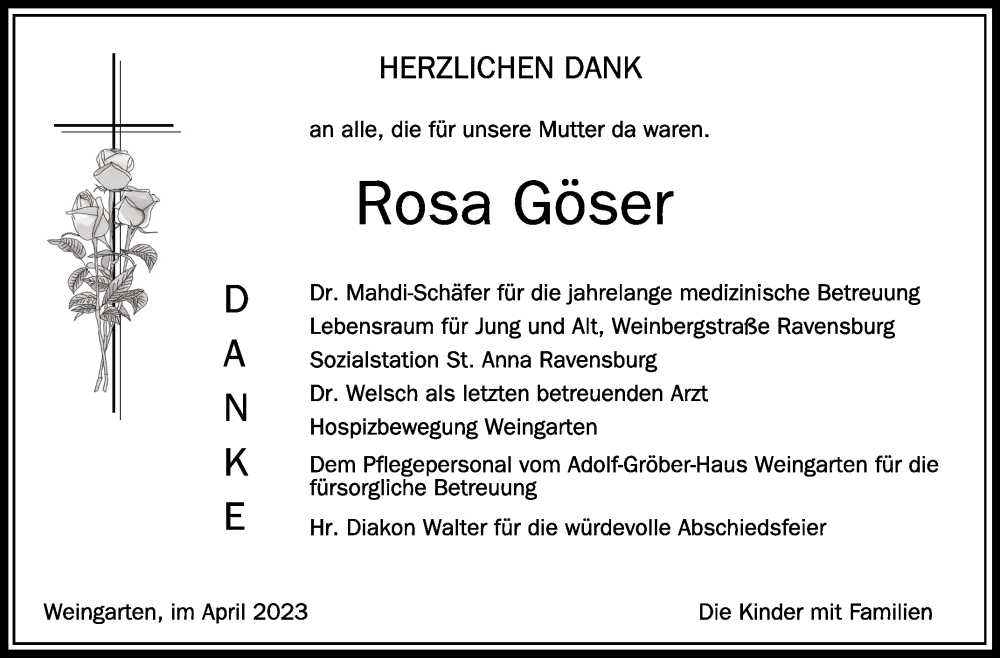  Traueranzeige für Rosa Göser vom 29.04.2023 aus Schwäbische Zeitung