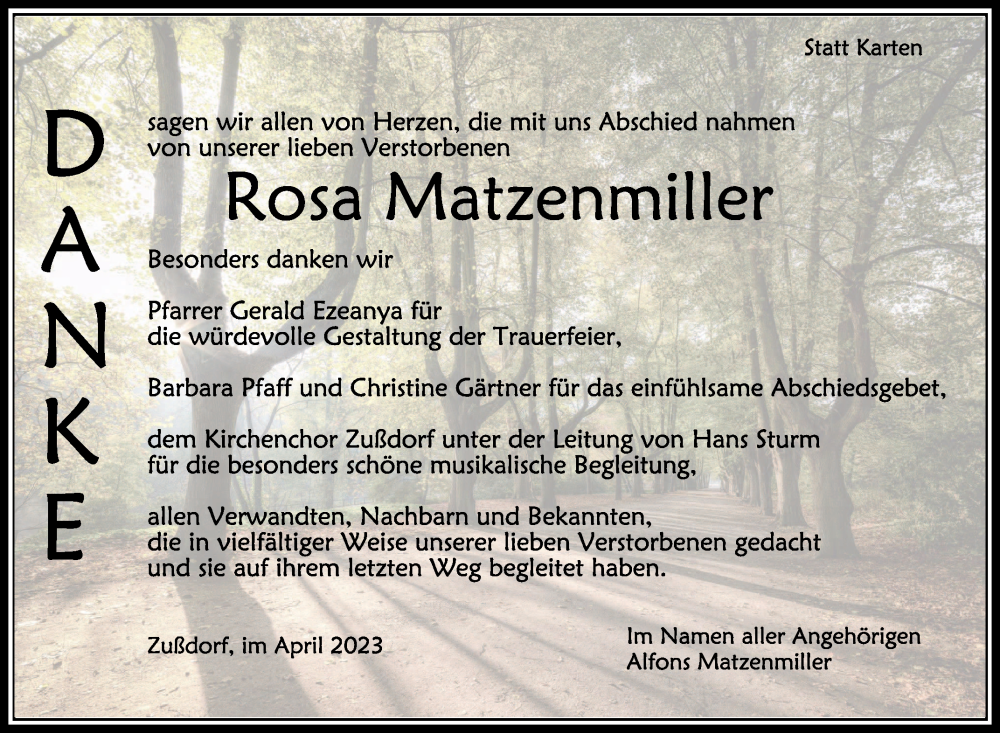  Traueranzeige für Rosa Matzenmiller vom 15.04.2023 aus Schwäbische Zeitung