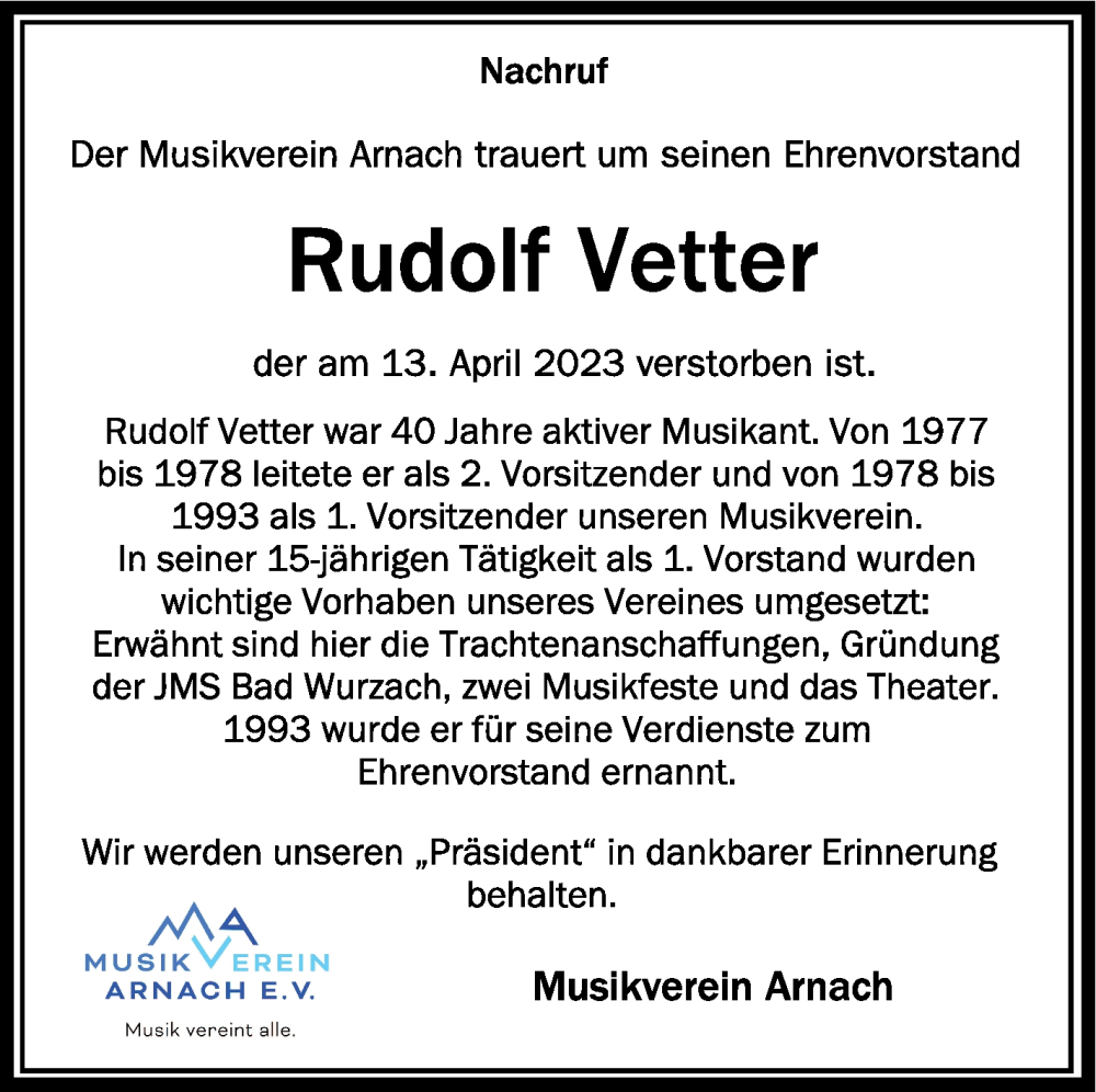  Traueranzeige für Rudolf Vetter vom 20.04.2023 aus Schwäbische Zeitung