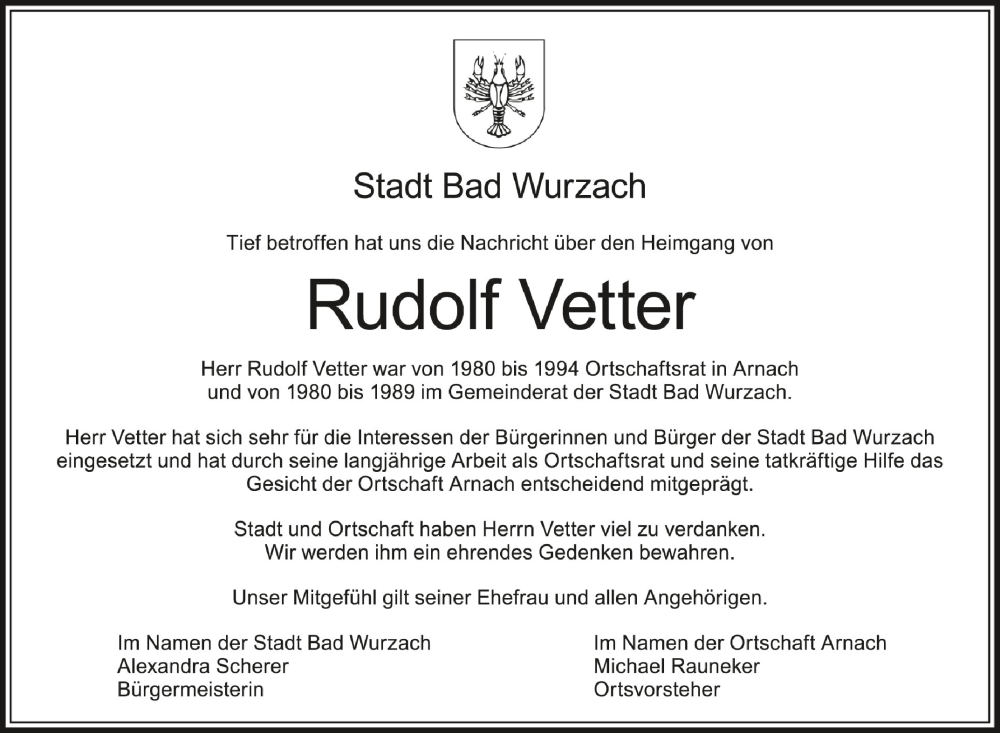  Traueranzeige für Rudolf Vetter vom 20.04.2023 aus Schwäbische Zeitung