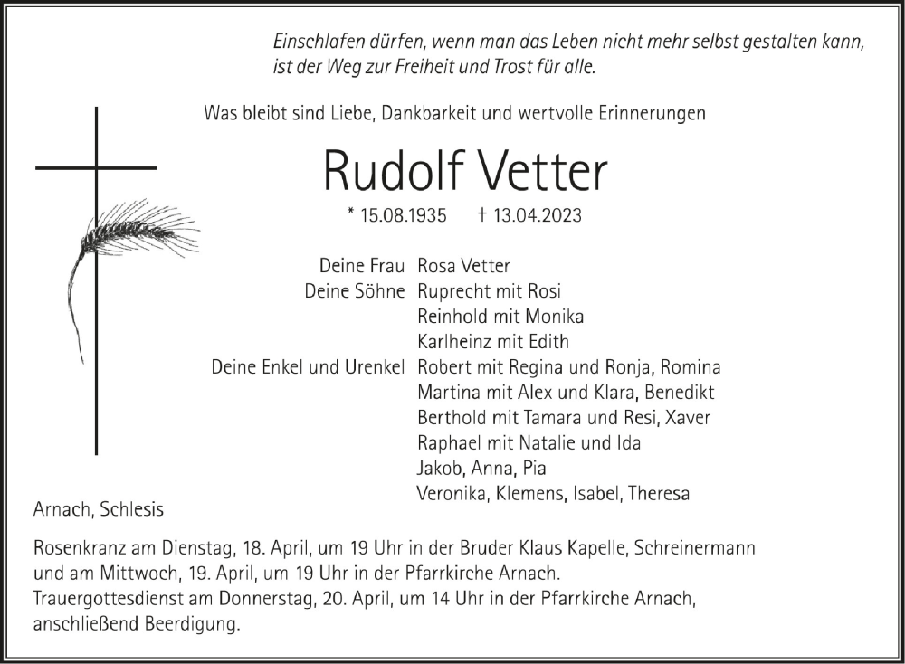  Traueranzeige für Rudolf Vetter vom 18.04.2023 aus Schwäbische Zeitung