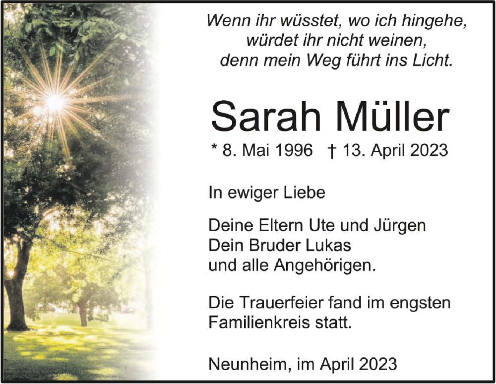  Traueranzeige für Sarah Müller vom 29.04.2023 aus Schwäbische Zeitung