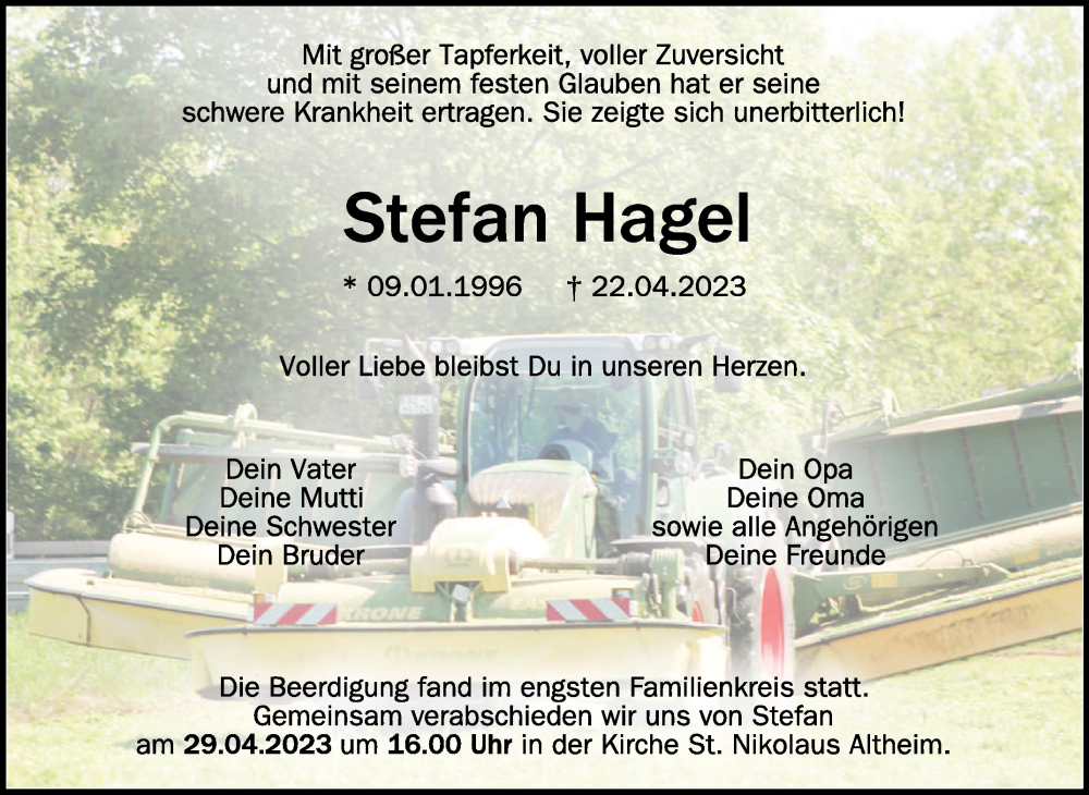  Traueranzeige für Stefan Hagel vom 28.04.2023 aus Schwäbische Zeitung