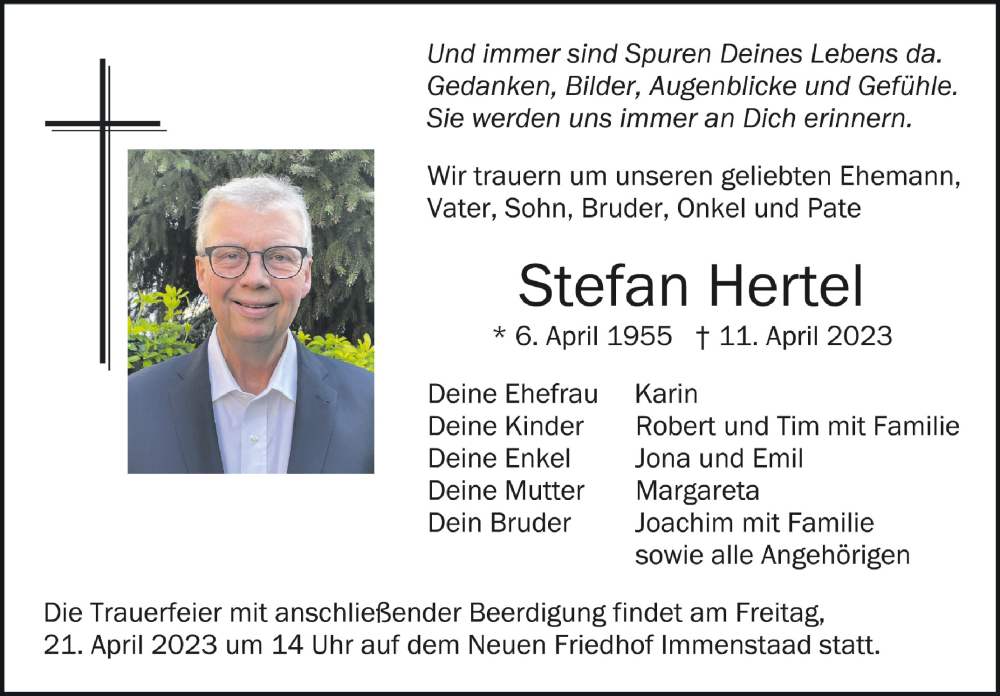  Traueranzeige für Stefan Hertel vom 15.04.2023 aus Schwäbische Zeitung