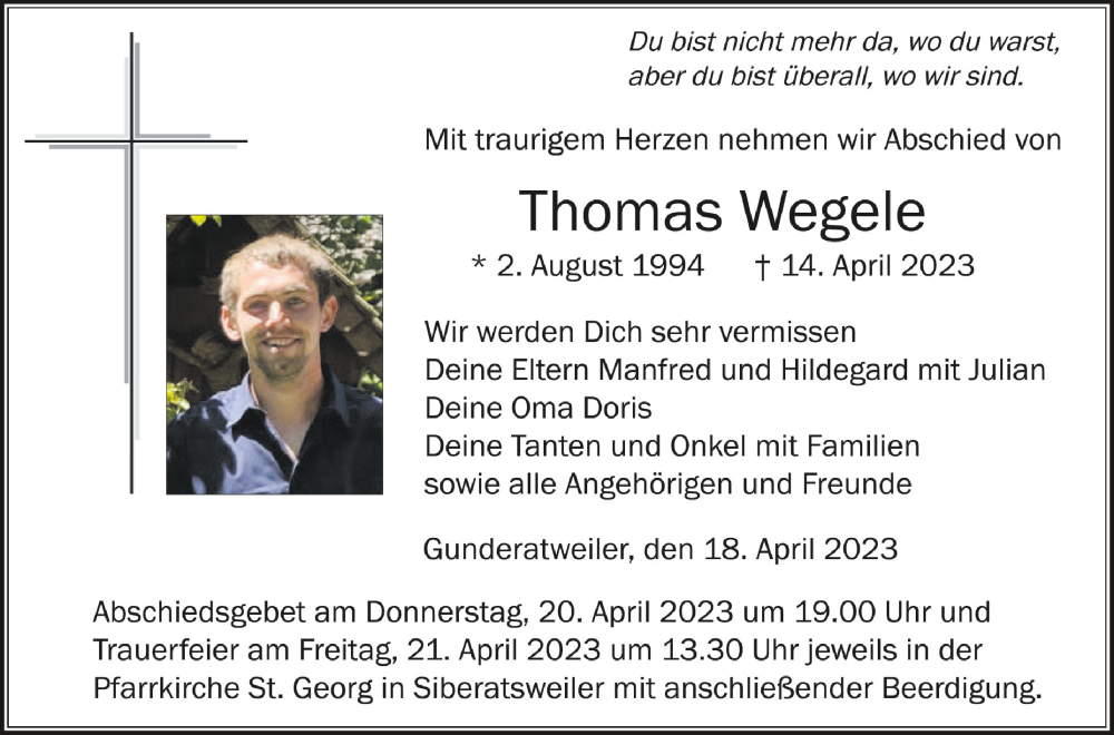  Traueranzeige für Thomas Wegele vom 18.04.2023 aus Schwäbische Zeitung