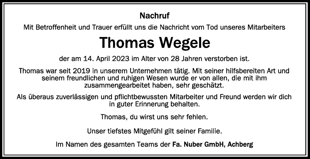  Traueranzeige für Thomas Wegele vom 20.04.2023 aus Schwäbische Zeitung