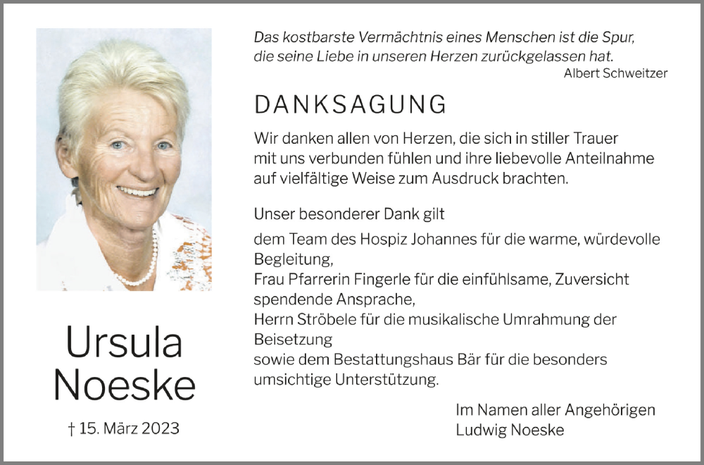  Traueranzeige für Ursula Noeske vom 06.04.2023 aus Schwäbische Zeitung