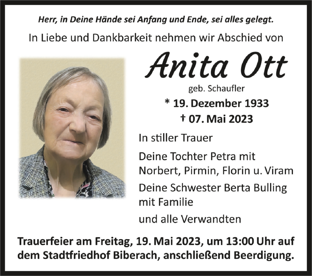  Traueranzeige für Anita Ott vom 13.05.2023 aus Schwäbische Zeitung