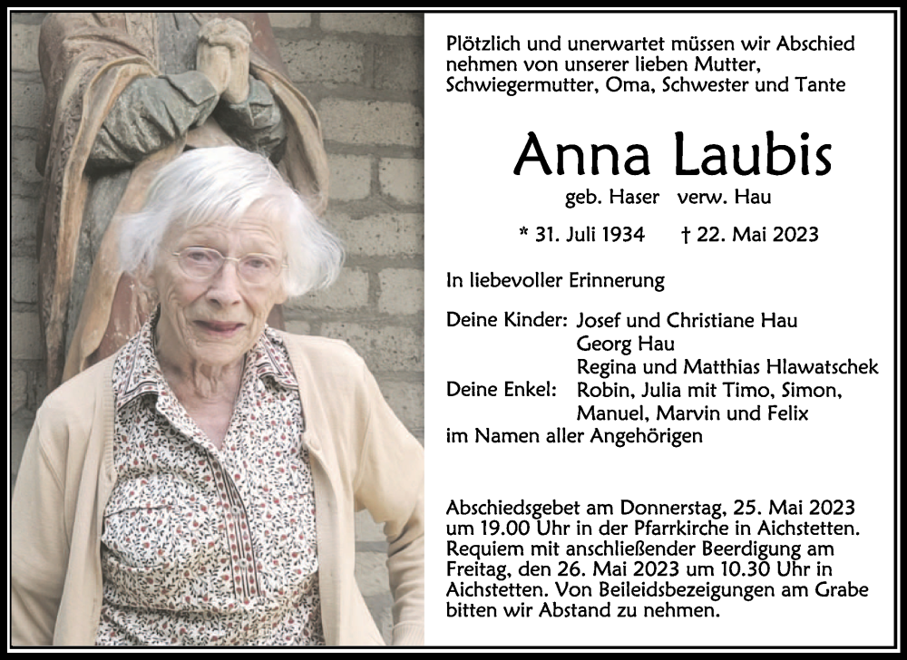  Traueranzeige für Anna Laubis vom 24.05.2023 aus Schwäbische Zeitung