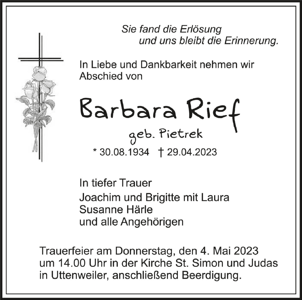  Traueranzeige für Barbara Rief vom 03.05.2023 aus Schwäbische Zeitung