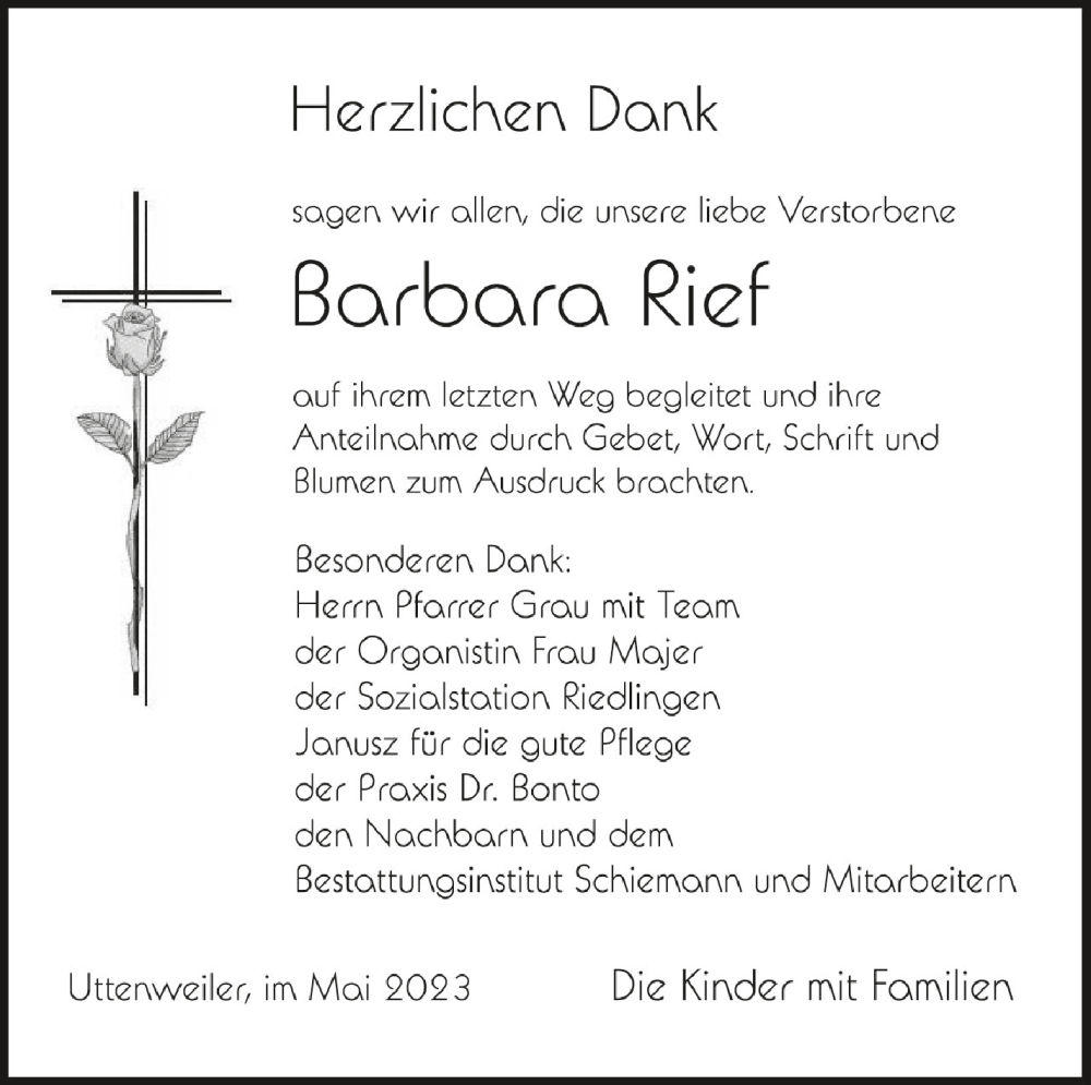  Traueranzeige für Barbara Rief vom 11.05.2023 aus Schwäbische Zeitung