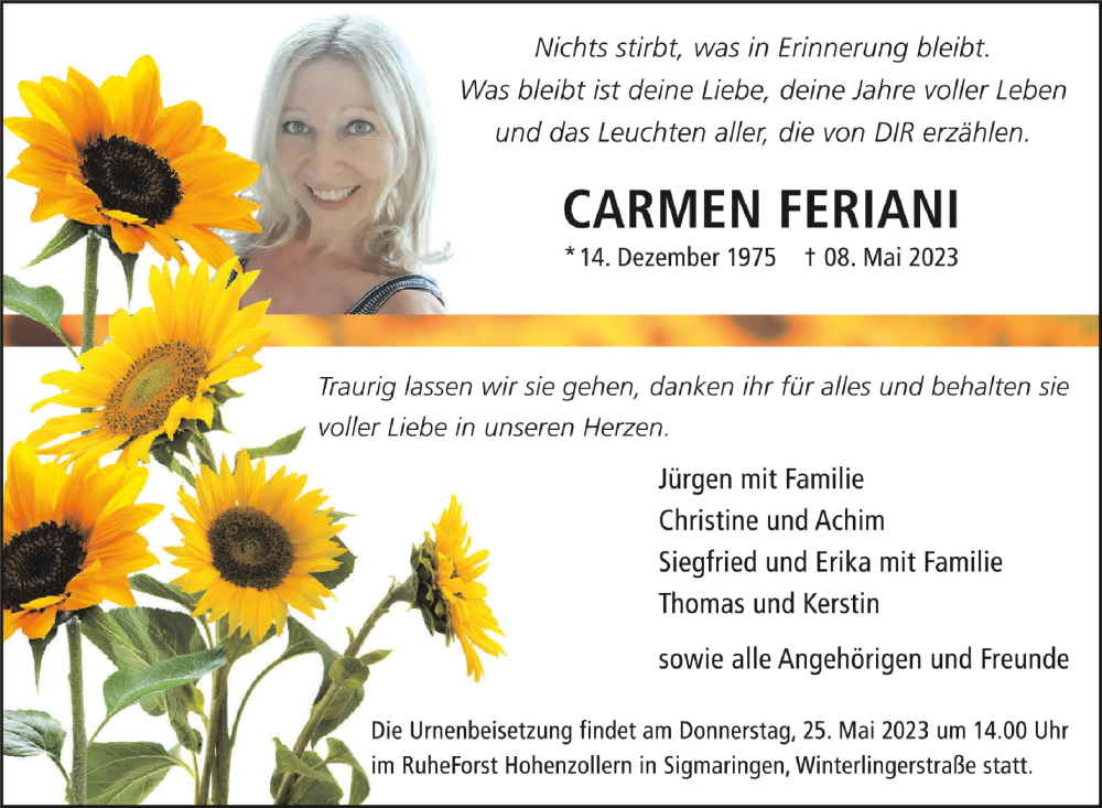  Traueranzeige für Carmen Feriani vom 20.05.2023 aus Schwäbische Zeitung