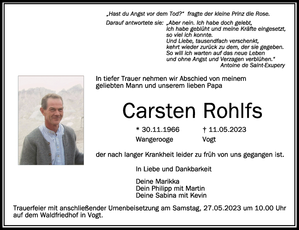  Traueranzeige für Carsten Rohlfs vom 24.05.2023 aus Schwäbische Zeitung