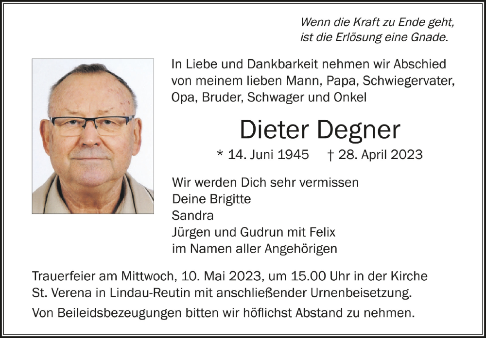  Traueranzeige für Dieter Degner vom 06.05.2023 aus Schwäbische Zeitung