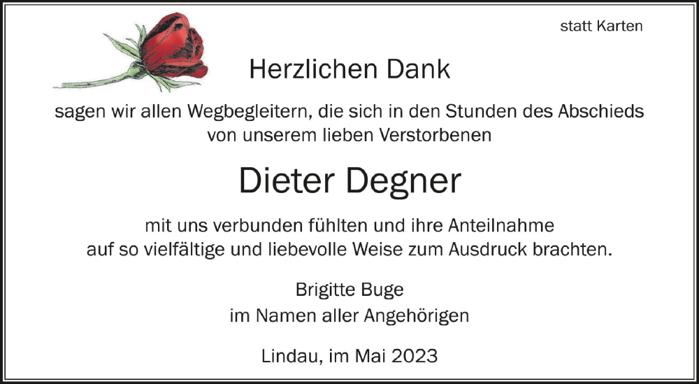  Traueranzeige für Dieter Degner vom 17.05.2023 aus Schwäbische Zeitung