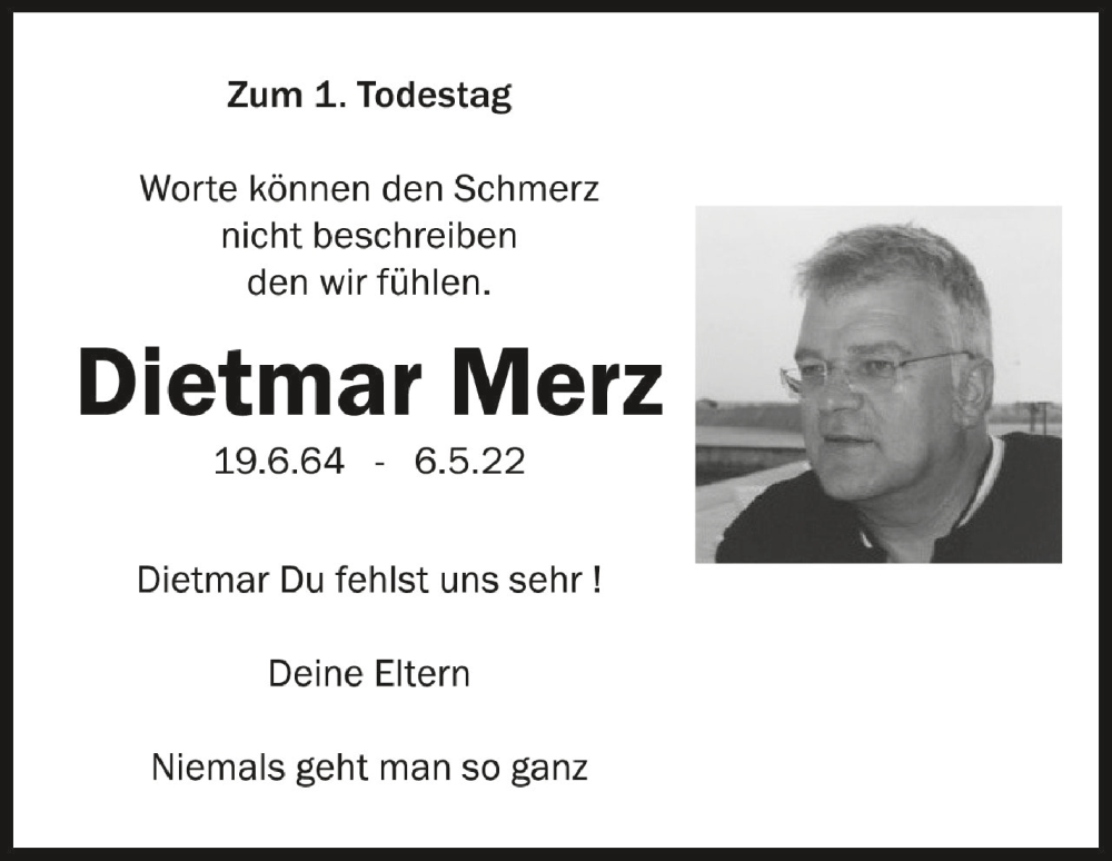  Traueranzeige für Dietmar Merz vom 06.05.2023 aus Schwäbische Zeitung