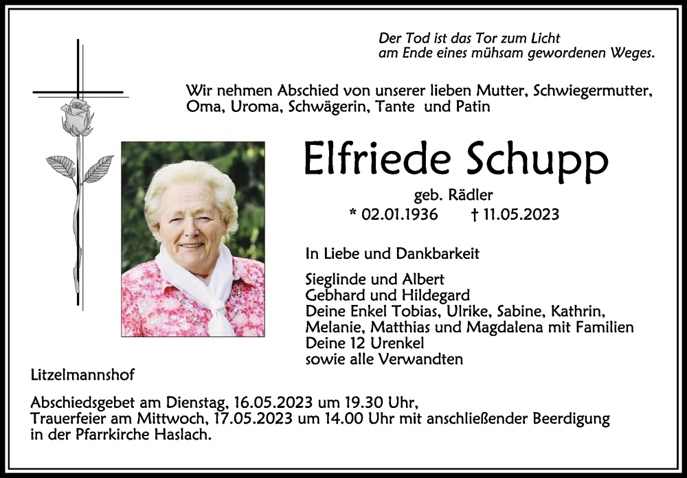  Traueranzeige für Elfriede Schupp vom 13.05.2023 aus Schwäbische Zeitung