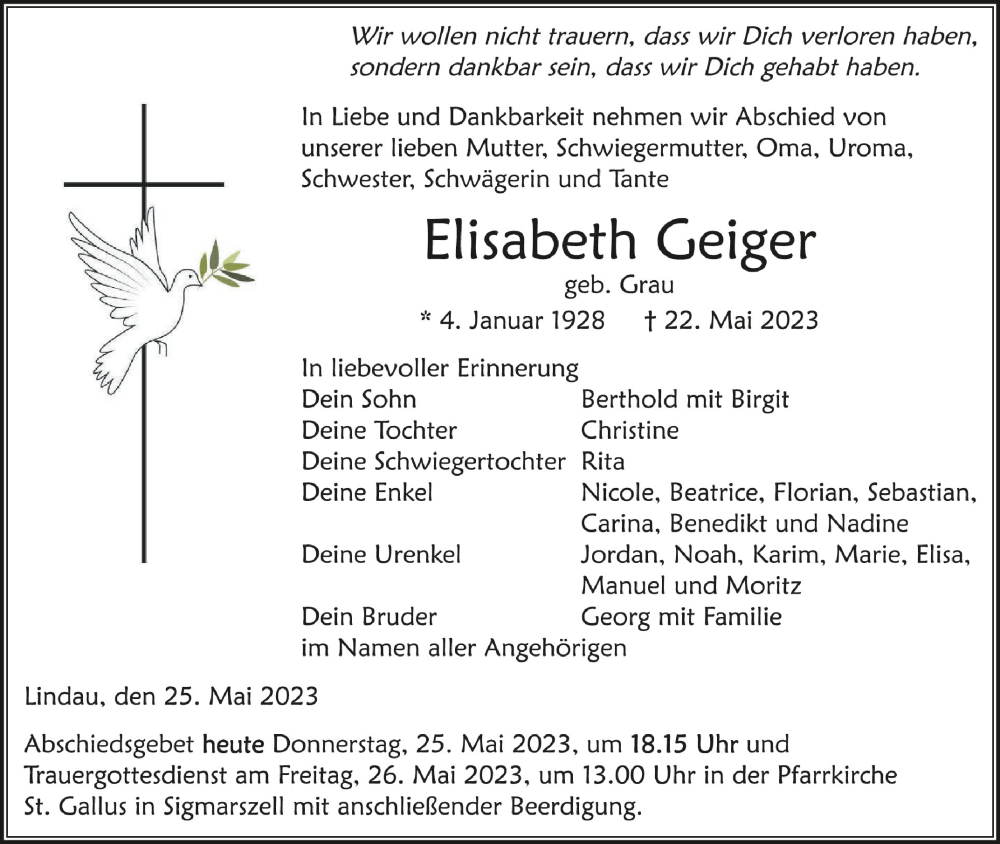  Traueranzeige für Elisabeth Geiger vom 25.05.2023 aus Schwäbische Zeitung