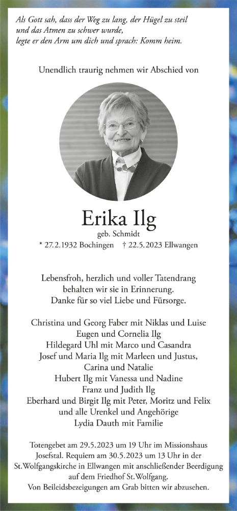  Traueranzeige für Erika Ilg vom 25.05.2023 aus Schwäbische Zeitung