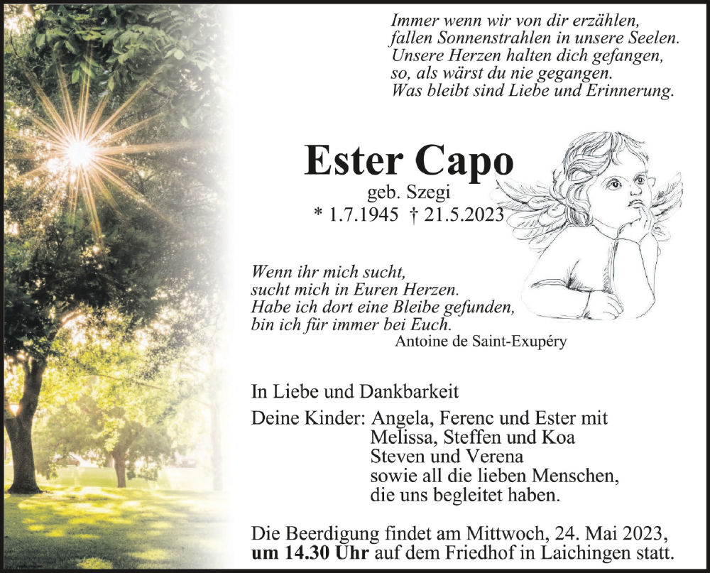  Traueranzeige für Ester Capo vom 23.05.2023 aus Schwäbische Zeitung