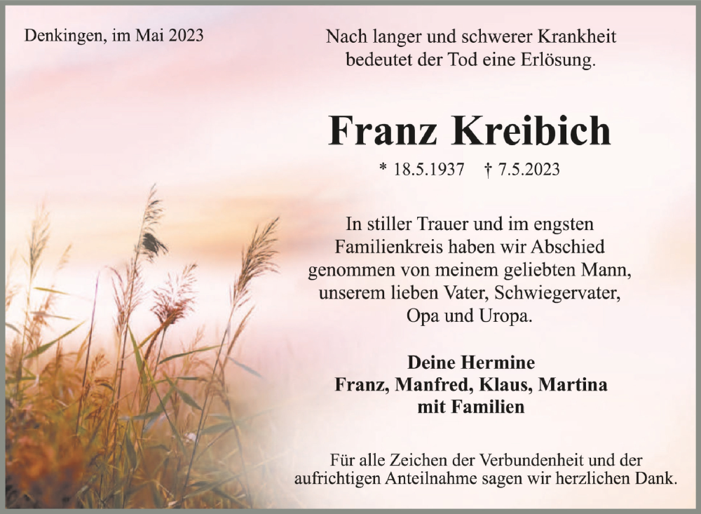  Traueranzeige für Franz Keibach vom 13.05.2023 aus Schwäbische Zeitung