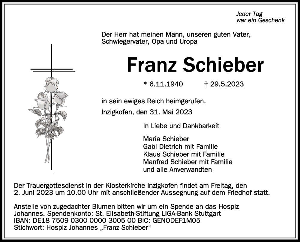  Traueranzeige für Franz Schieber vom 31.05.2023 aus Schwäbische Zeitung