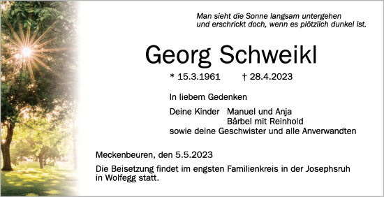 Traueranzeigen Von Georg Schweikl | Schwaebische.de Trauerportal