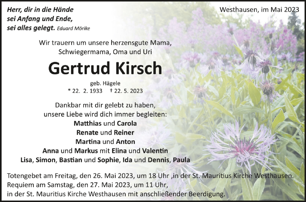  Traueranzeige für Gertrud Kirsch vom 25.05.2023 aus Schwäbische Zeitung