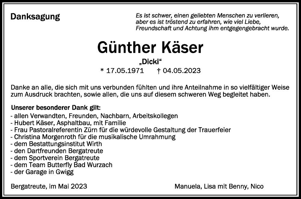  Traueranzeige für Günther Käser vom 26.05.2023 aus Schwäbische Zeitung