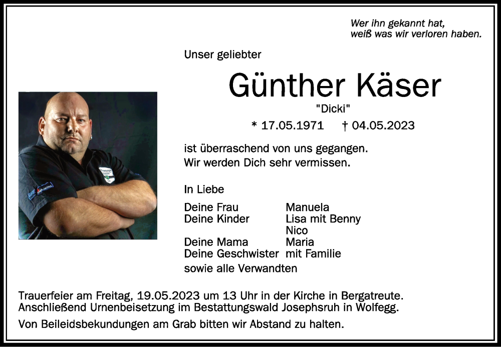  Traueranzeige für Günther Käser vom 12.05.2023 aus Schwäbische Zeitung