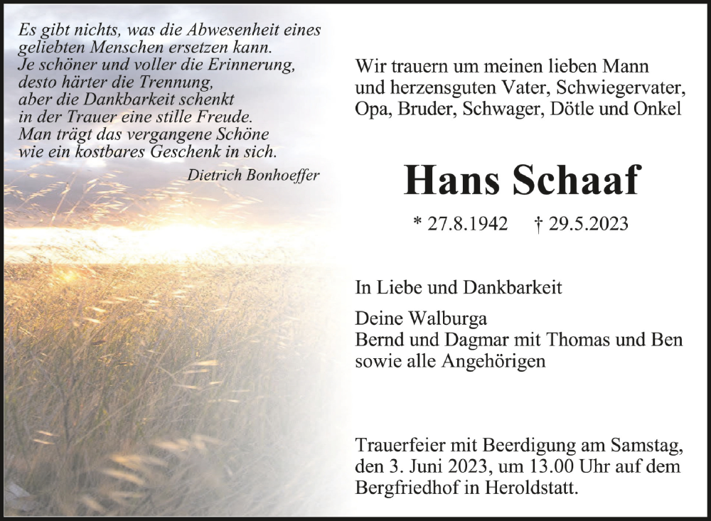  Traueranzeige für Hans Schaaf vom 31.05.2023 aus Schwäbische Zeitung