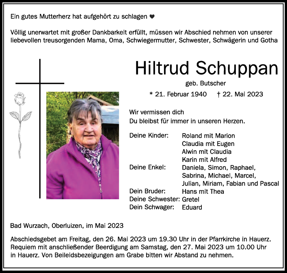  Traueranzeige für Hiltrud Schuppan vom 25.05.2023 aus Schwäbische Zeitung