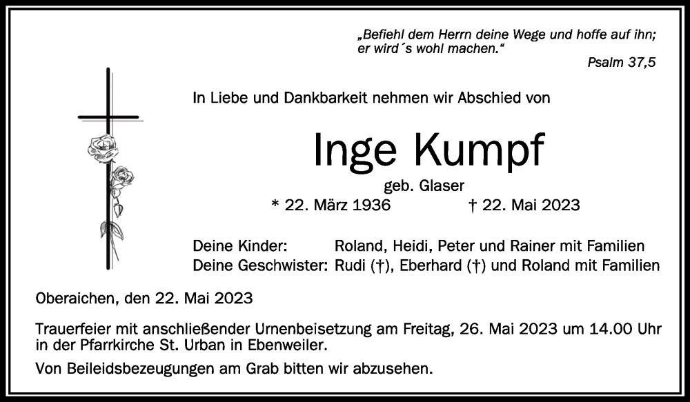  Traueranzeige für Inge Kumpf vom 24.05.2023 aus Schwäbische Zeitung